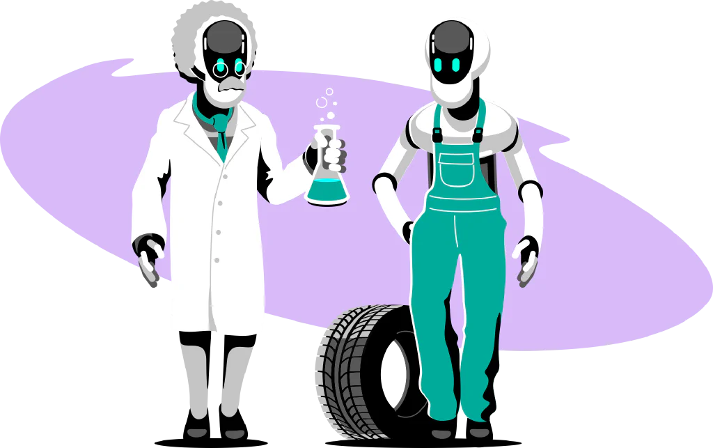 Digital Illustration of two robots one is dressed as a scientist and the other is dressed as a car mechanic.