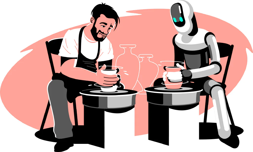 Digital illustration: A robot sitting next to a person. Both at pottery wheels. Examples of vases in the back.