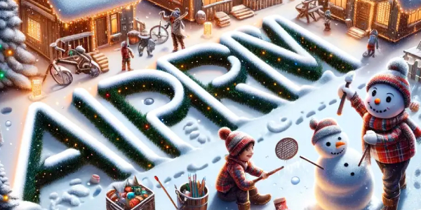 A festive winter village scene with snow-covered houses, holiday lights, children building a snowman, and AIPRM carved into the snow