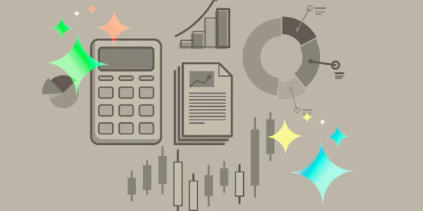 Financial data and analysis illustration with calculator, charts, and graphs