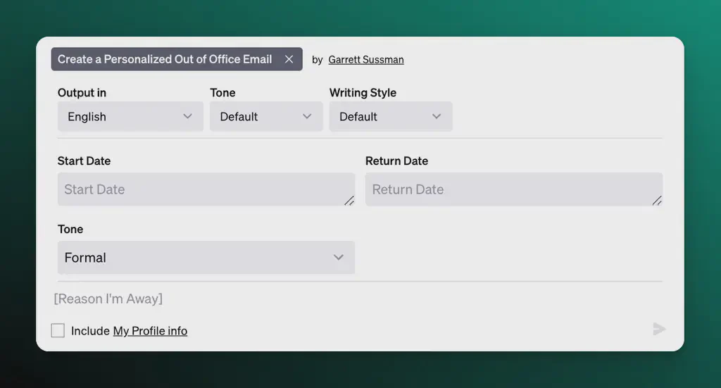 Screenshot van een AIPRM prompt voor een out of office e-mail