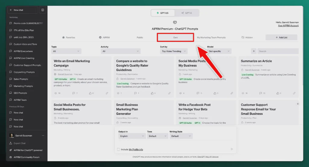 Captura de tela de uma lista privada de prompt do AIPRM