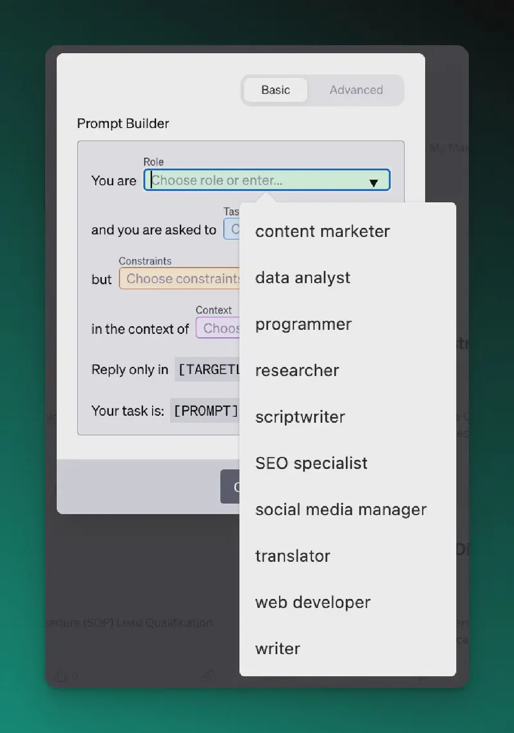 Captura de tela do modelo do Prompt Wizard do AIPRM - menu suspenso para selecionar uma função