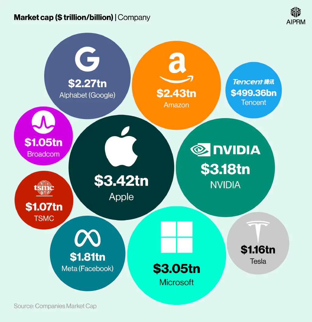 A proportional circles chart showing the world&rsquo;s biggest technology companies by market cap, 2025.