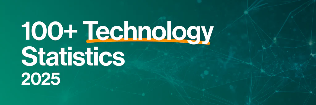 A feature image showing technology-related imagery alongside the title &lsquo;100+ Technology Statistics 2025&rsquo;