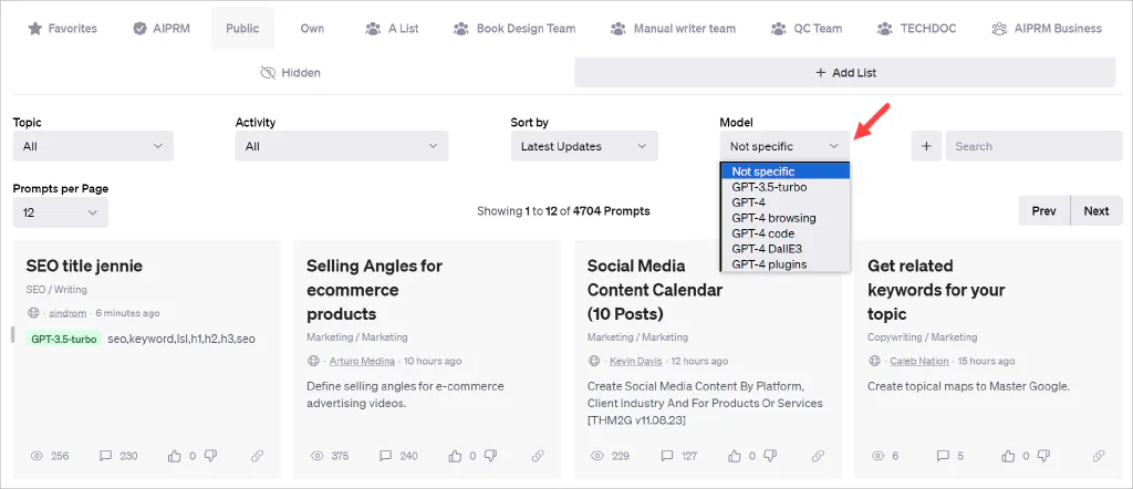 AIPRM Model filtresini seçin