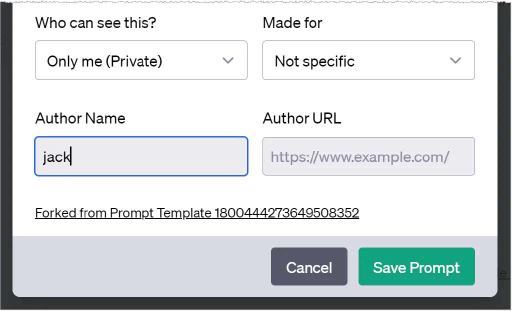 Screenshot of Author Name field on AIPRM template button