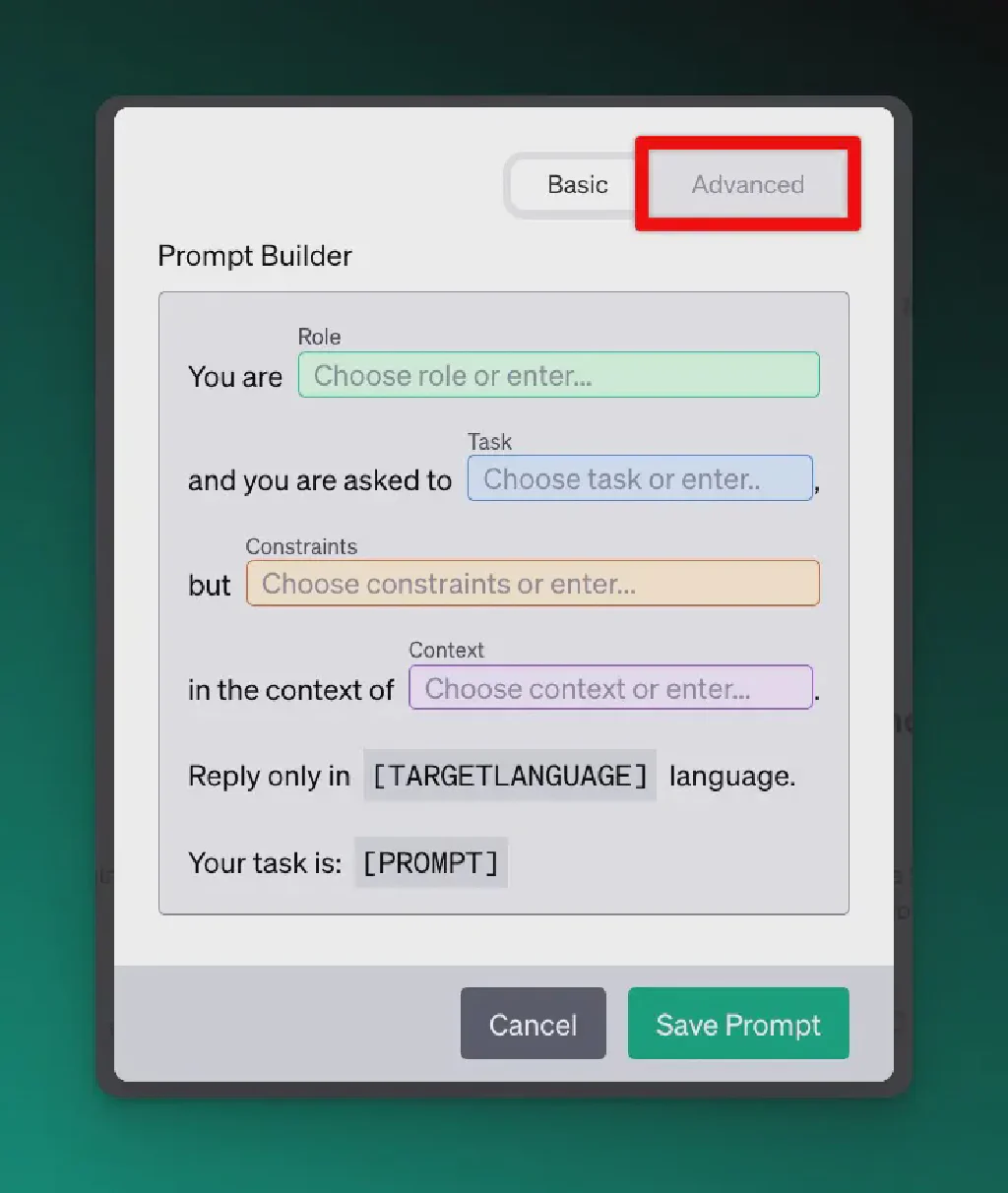 Screenshot of AIPRM Prompt Wizard Template - advanced toggle highlighted