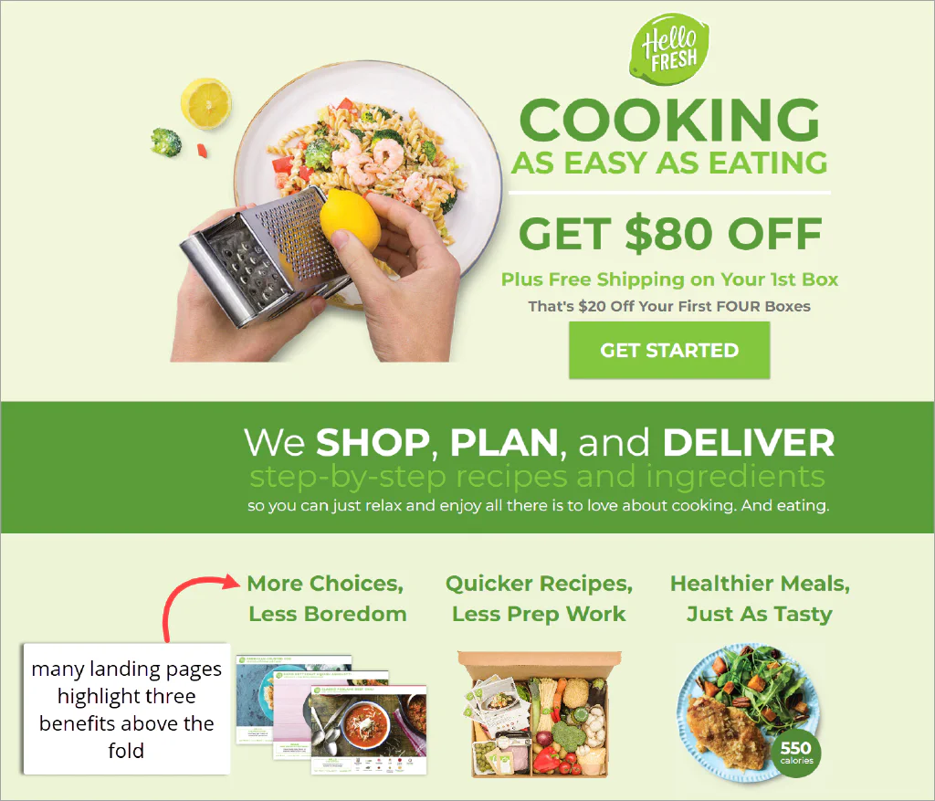 screenshot of a landing page with good benefits copy