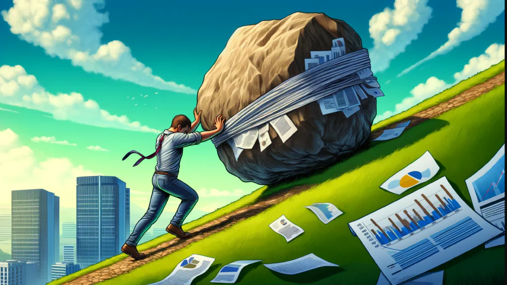 Sisyphus pushing a boulder up a mountain