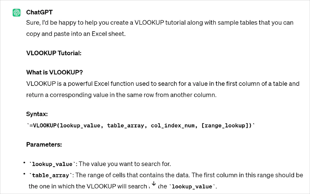 Ask ChatGPT to teach an Excel function