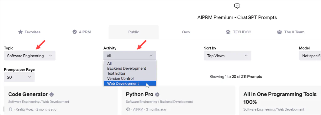 AIPRM dashboard select software engineering