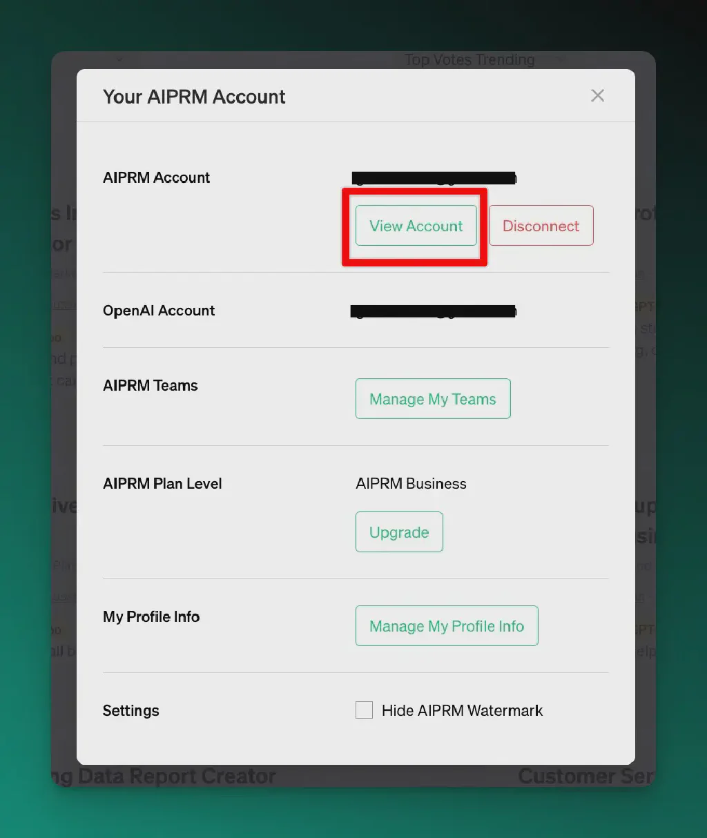 Screenshot of AIPRM management modal with View Account highlighted.