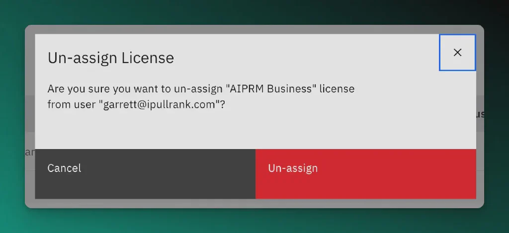 Screenshot of AIPRM Un-assign license window.