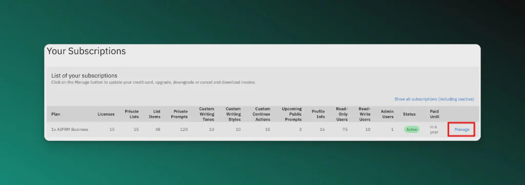 Screenshot of AIPRM&rsquo;s your subscription section with the Manage option highlighted.
