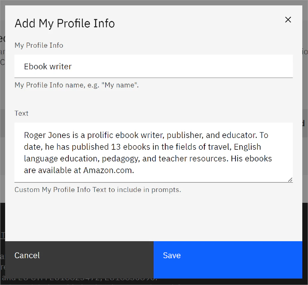 Screenshot of AIPRM custom profile template