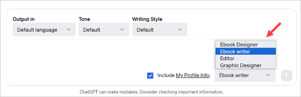 Screenshot of an arrow pointing to the AIPRM custom profile drop down menu