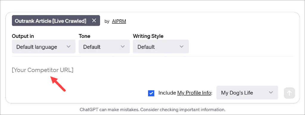 Screenshot of an arrow pointing to the AIPRM text input field