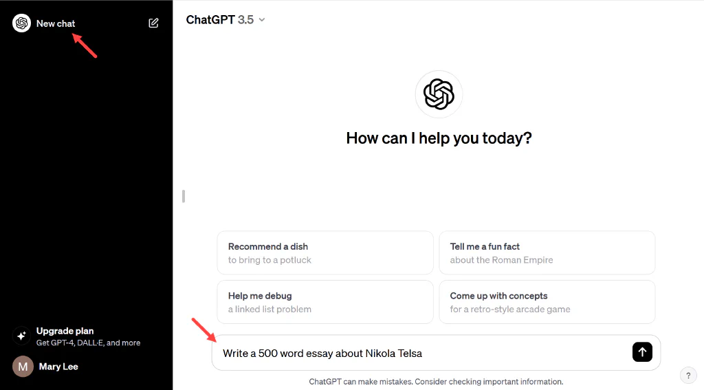 Screenshot of ChatGPT that has an arrow pointing at the start a new chat button.