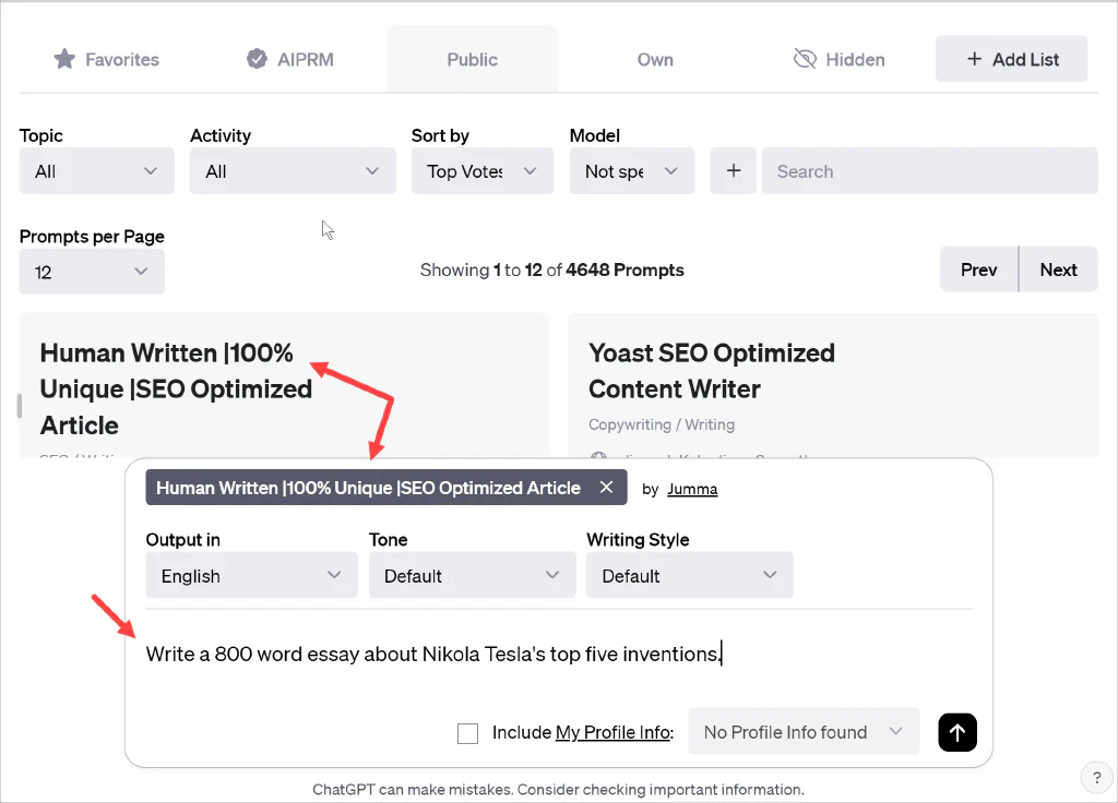 Screenshot of ChatGPT page with arrows pointing at an AIPRM prompt and text input field.