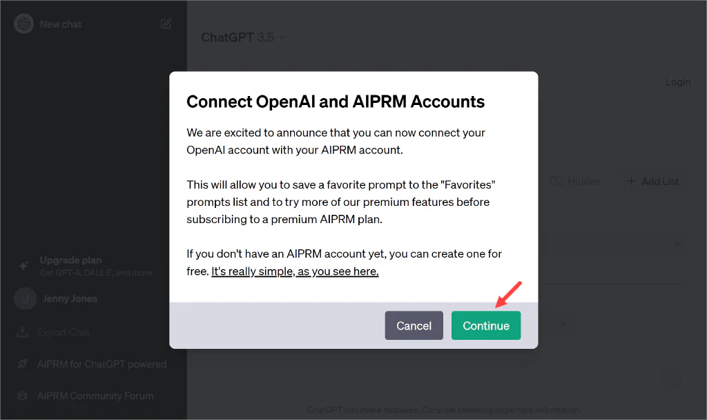 Screenshot of AIPRM modal with an arrow pointing at Continue button.