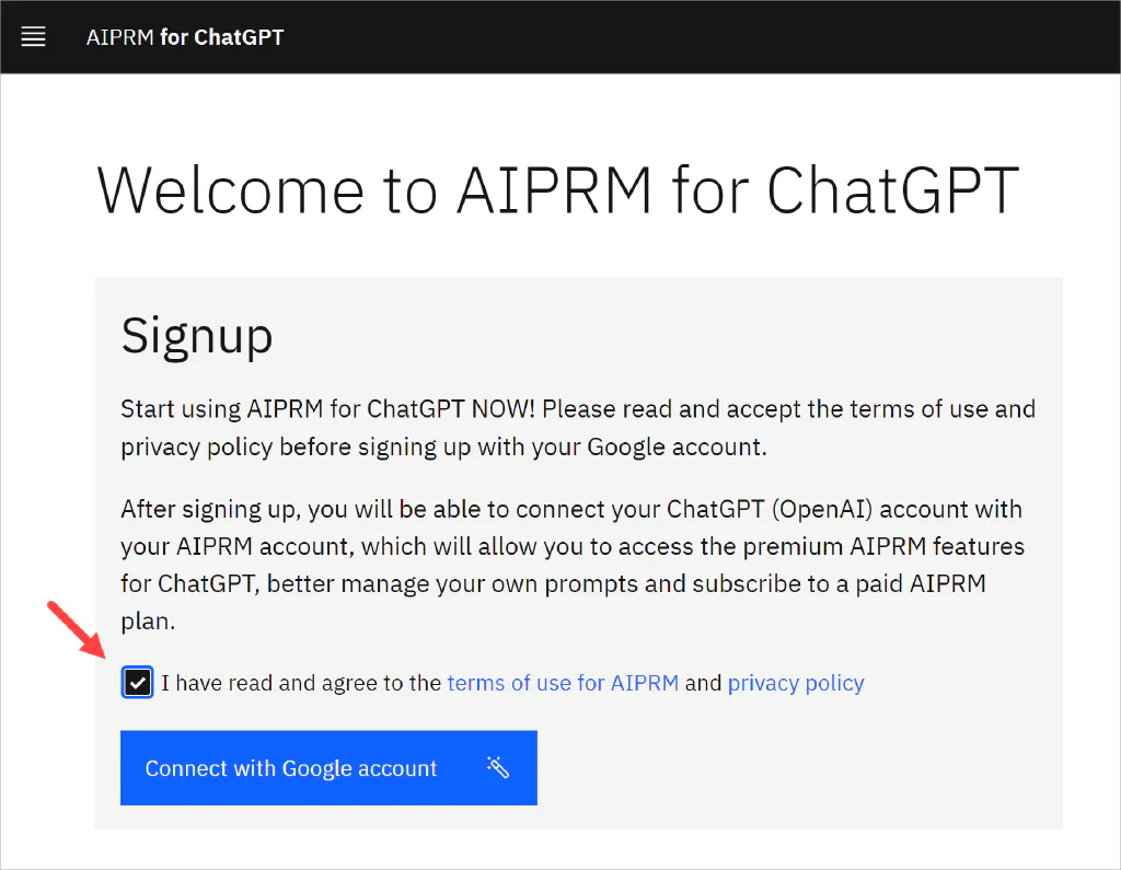 Screenshot of AIPRM Welcome page with an arrow pointing at the Connect with Google account button.