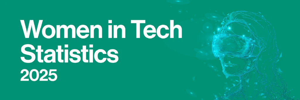 Feature image with the title ‘Women in Tech Statistics 2025’ and a picture of a woman wearing a VR headset