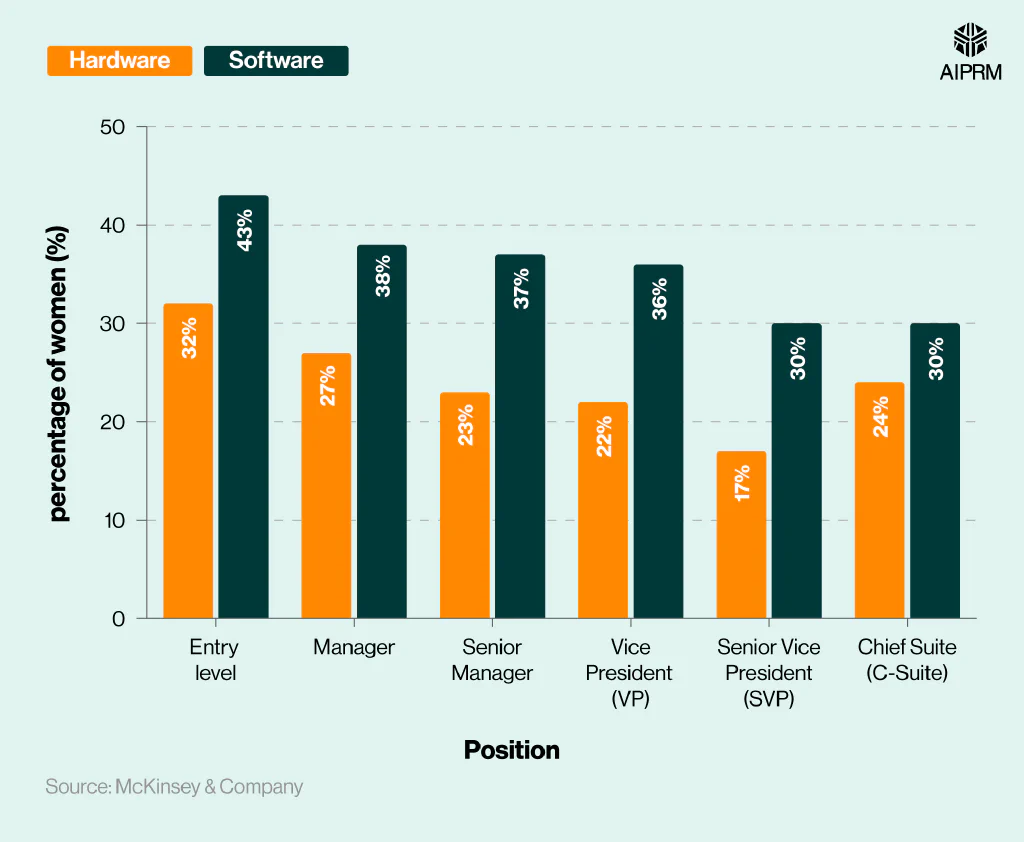 Comparative bar chart showing the gender gap in technology statistics by the level of job