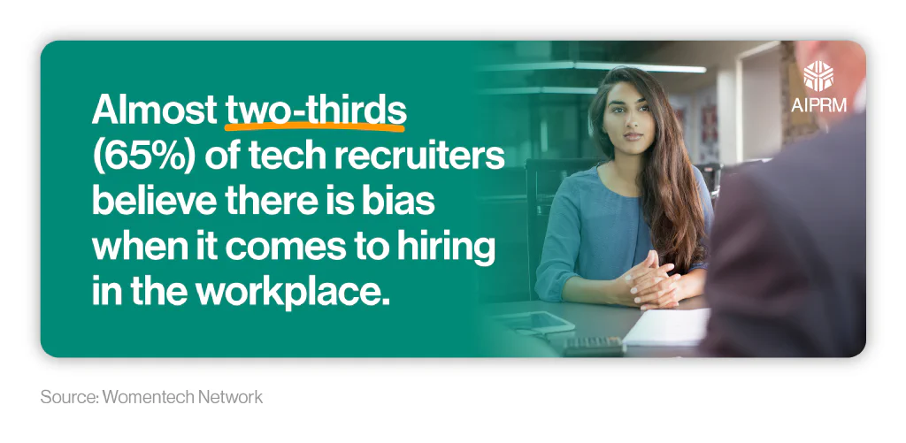 Mini infographic showing the percentage of tech recruiters who think there is bias in the tech industry next to a woman being interviewed for a job